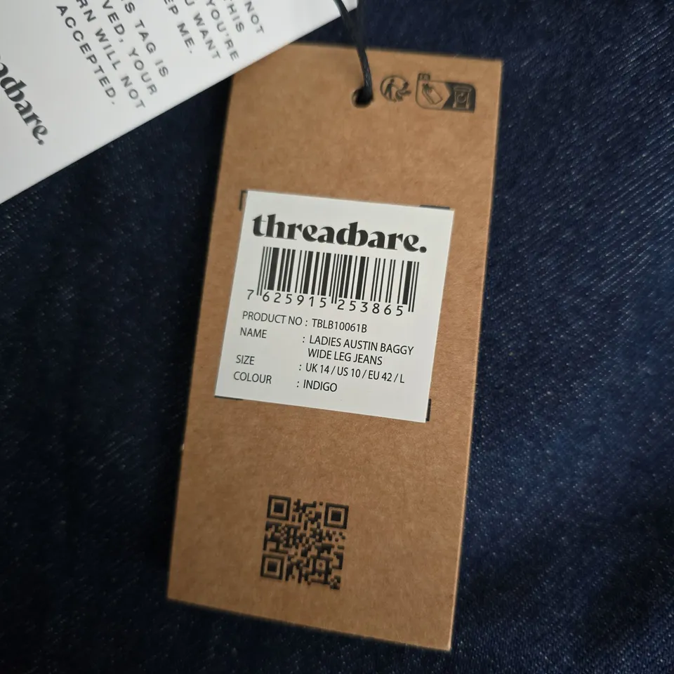 THREADBARE LADIES AUSTIN BAGGY WIDE LEG JEANS – INDIGO UK 14