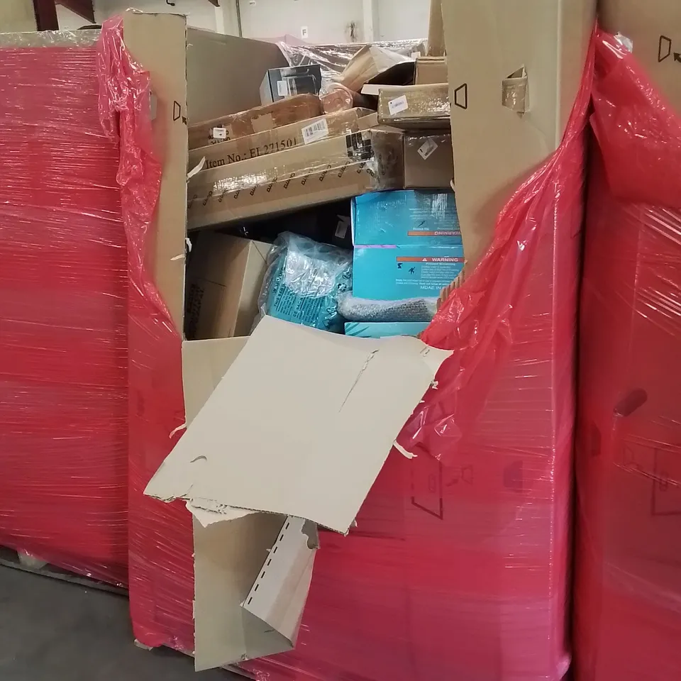 PALLET OF ASSORTED HOUSEHOLD GOODS AND PRODUCTS TO INCLUDE; A LARGE NUMBER OF INFLATABLE POOLS, COOKER HOODS, FOOT SPA ETC