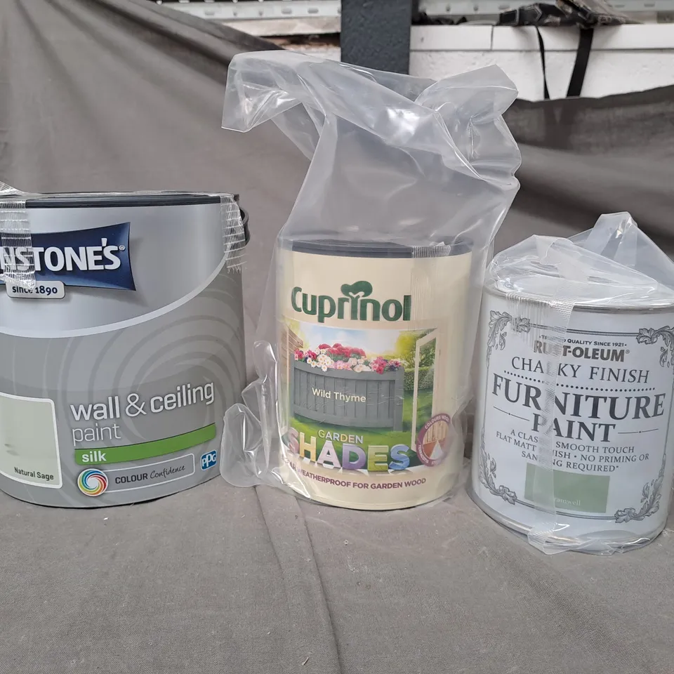LOT OF 4 PAONT PRODUCTS TO INCLUDE JOHNSTONE'S, CUPRINOL AND RUST-OLEUM