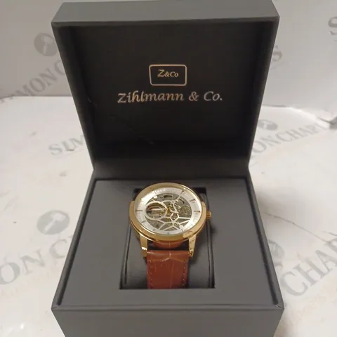 MENS ZIHLMANN & CO AUTOMATIC WATCH - Z210 β SKELETON DIAL β GOLD COLOUR CASE β GENUINE LEATHER