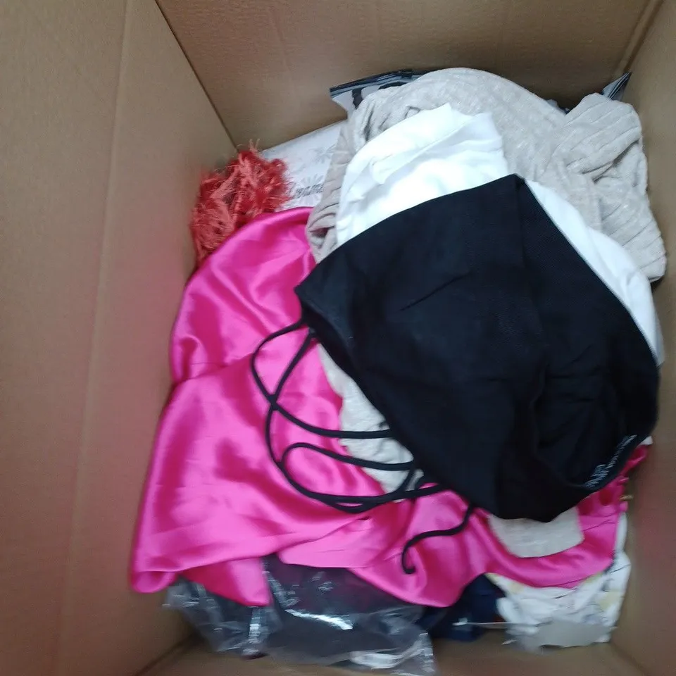 BOX OF ASSORTED CLOTHING ITEMS TO INCLUDE TOPS, TROUSERS, SWEATERS ETC
