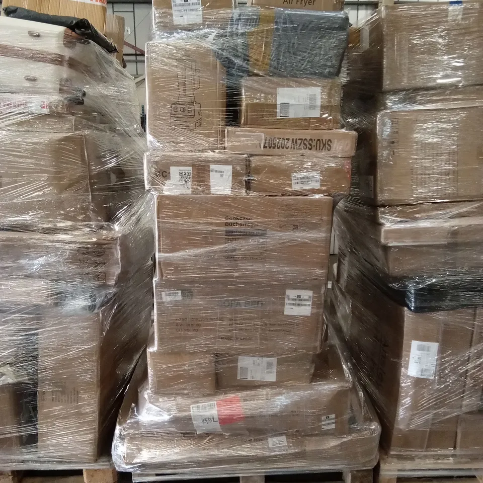 PALLET OF ASSORTED HOUSEHOLD GOODS AND PRODUCTS TO INCLUDE; SOFA BED PARTS, FLATPACK FURNITURE, BOOKCASE ETC