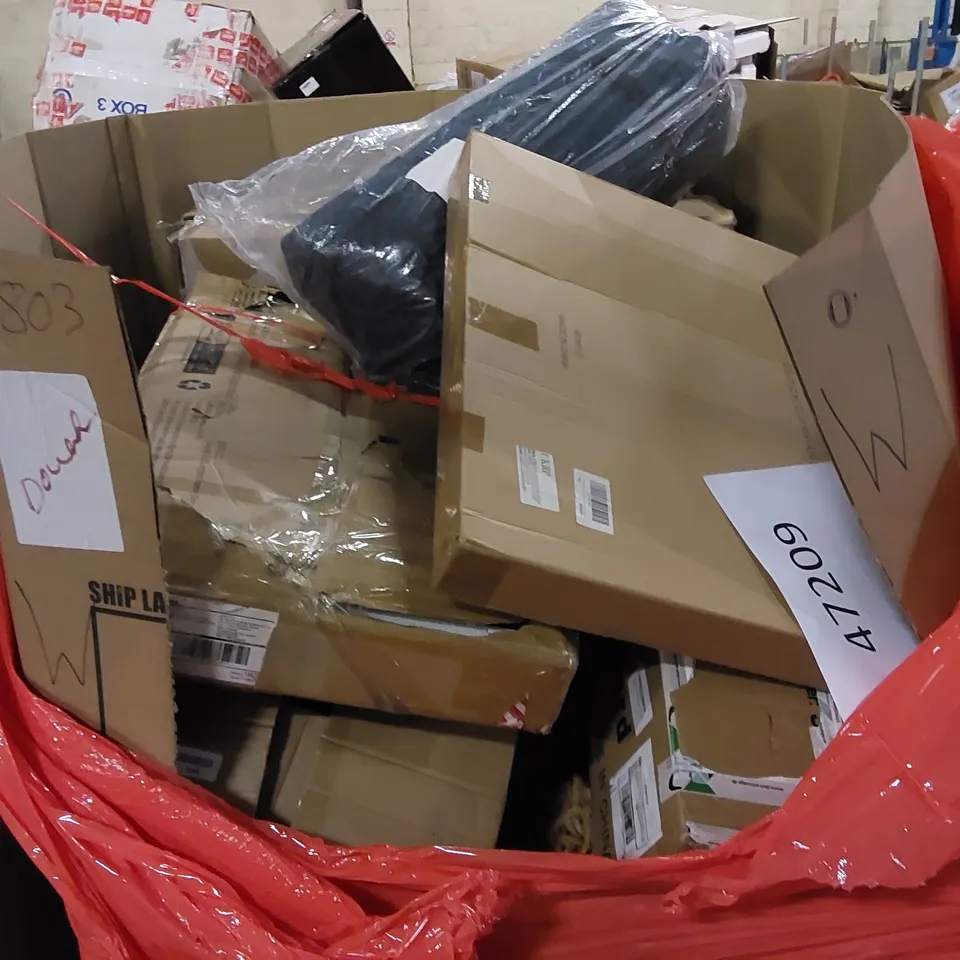 PALLET TO CONTAIN ASSORTED HOUSEHOLD ITEMS AND CONSUMER PRODUCTS. INCLUDING INFLATABLE PADDLE BOARD, AIR FRYER, CLOCK, BOXED FURNITURE ETC 