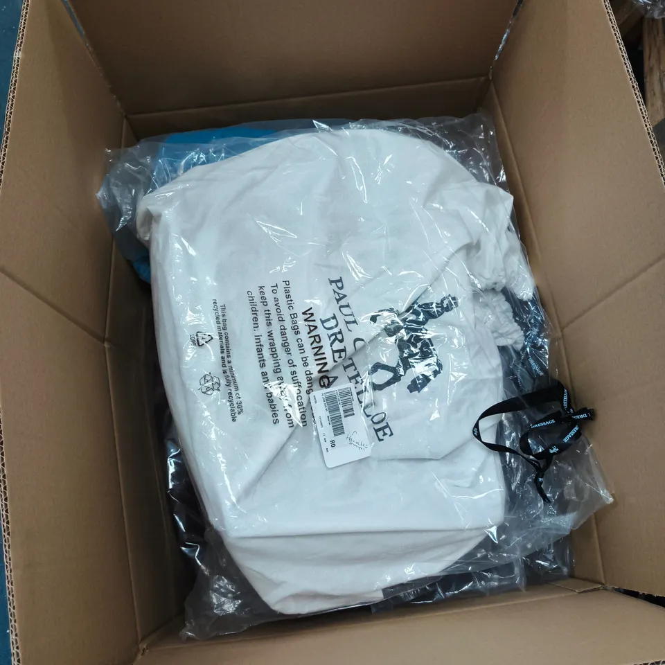 BOX OF APPROXIMATELY 8 ASSORTED CLOTHING ITEMS INCLUDING PAUL COSTELLOE BAG, EXTRA LONG BROWN GILET AND LARGE BROWN KNITTED CARDIGAN