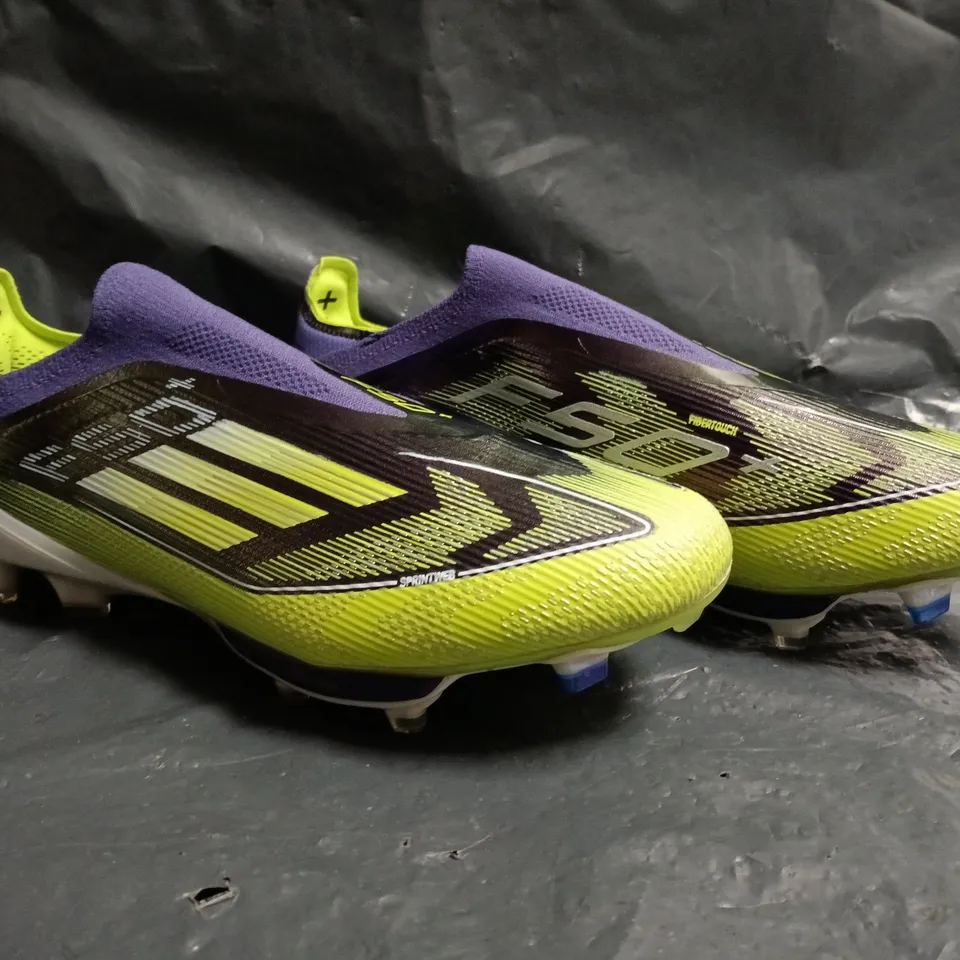 PAIR OF ADIDAS F50+ FOOTBALL BOOTS IN PURPLE/LIME SIZE UK 6.5