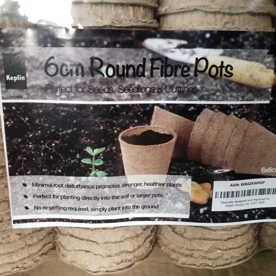 BOX CONTAINING APPROX 288 KEPLIN 6CM ROUND FIBRE POTS