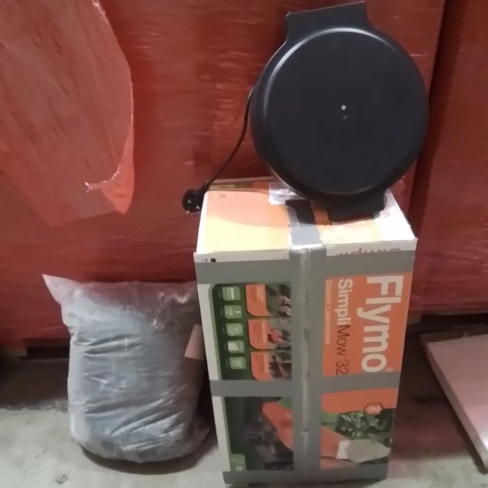 PALLET OF ASSORTED HOUSEHOLD GOODS AND PRODUCTS TO INCLUDE;LAWN MOWER,BLANKET,PIZZA MAKER