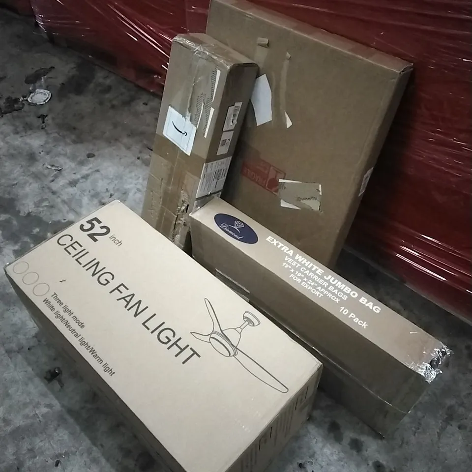 PALLET OF HOUSEHOLD ITEMS TO INCLUDE 52 INCH CEILING FAN LIGHT, VEST CARRIER BAGS,MIRROR, FLOATING SHELF AND OTHER ASSORTED ITEMS...