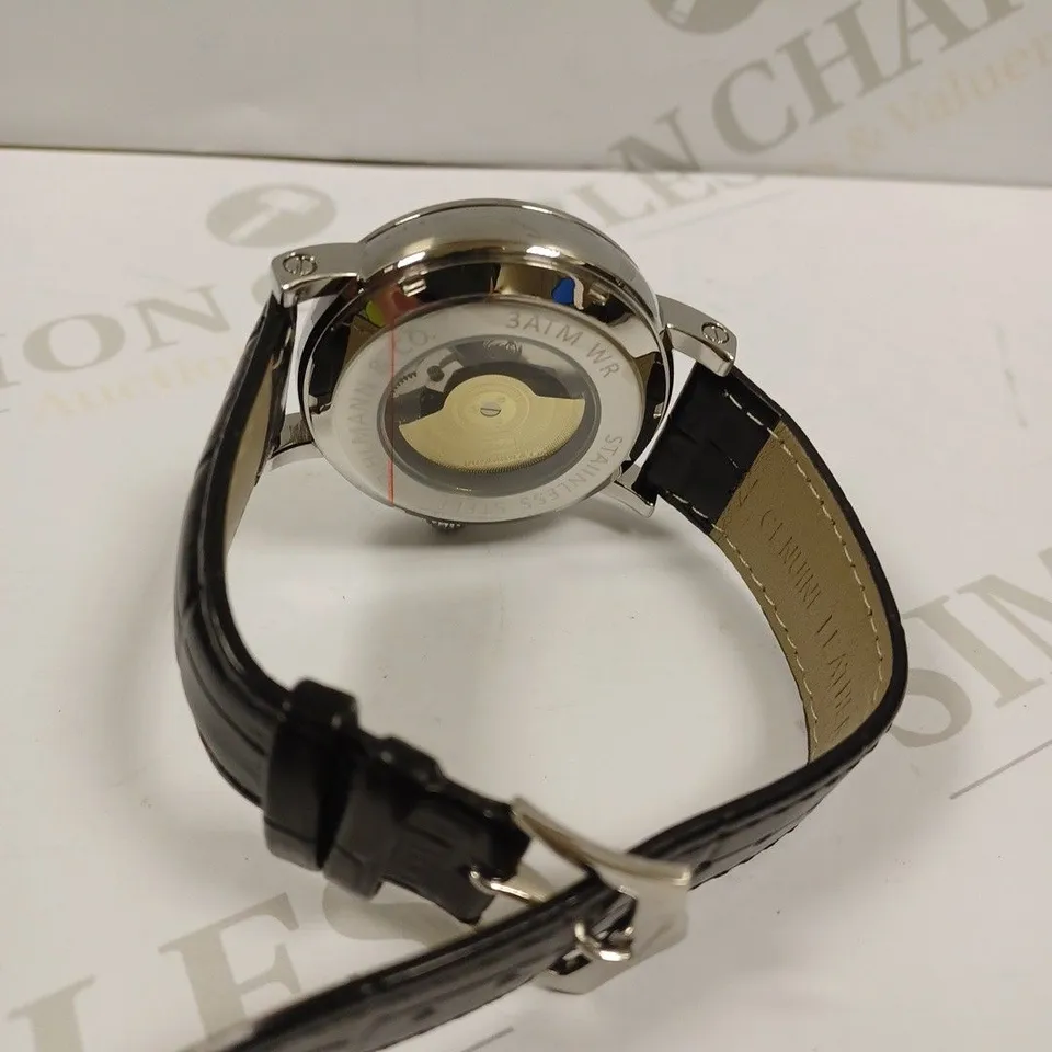 MENS ZIHLMANN & CO AUTOMATIC WATCH – Z150 – MOONPHASE DIAL – GLASS EXHIBITION BACKCASE - SILVER COLOUR CASE – BLACK LEATHER STRAP