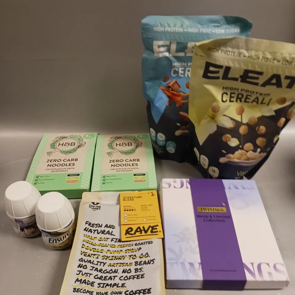 APPROXIMATELY 8 ASSORTED FOOD/DRINK PRODUCTS TO INCLUDE ELEAT CEREAL, TWININGS TEA, H&B ZERO CARB NOODLES ETC 