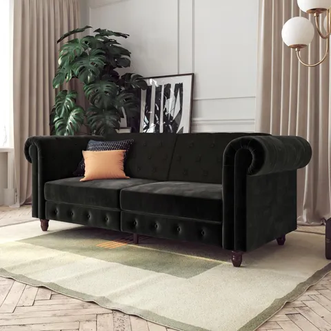 BOXED DOREL SOFA BED BLACK VELVET FELIX CHESTERFIELD SOFABED (2 BOXES)