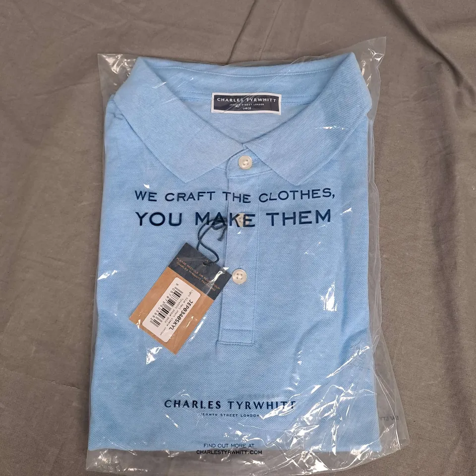 CHARLES TYRWHITT SHORT SLEEVE COTTON PIQUE POLO IN LIGHT BLUE MARL SIZE L