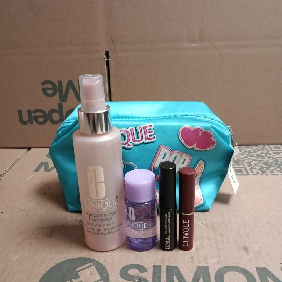 CLINIQUE 4 ITEM GIFT SET WITH BAG TO INCLUDE MOISTURE SURGE FACE SPRAY ETC