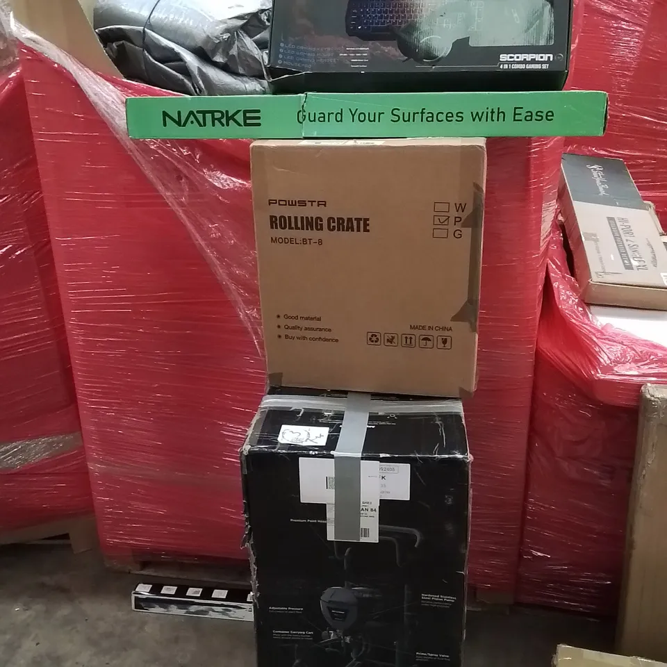PALLET CONTAINING VARIOUS ASSORTED BOXED HOUSEHOLD ITEMS TO INCLUDE: SURFACE GUARD, INOFLEX SPRAY GUNS, AND LOTS MORE UNMARKED BOXED ITEMS 