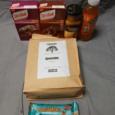 APPROXIMATELY 12 ASSORTED PRODUCTS TO INCLUDE; ROBINSONS FRUIT SHOOT, SHARWOODS JAPANESSE KATSU, PORTER HILL TEA COMPANY SPEARMNIT, SLIMFAST BARS AND GRENADE 