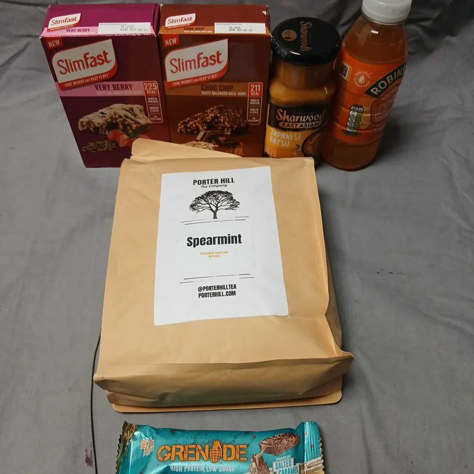 APPROXIMATELY 12 ASSORTED PRODUCTS TO INCLUDE; ROBINSONS FRUIT SHOOT, SHARWOODS JAPANESSE KATSU, PORTER HILL TEA COMPANY SPEARMNIT, SLIMFAST BARS AND GRENADE 