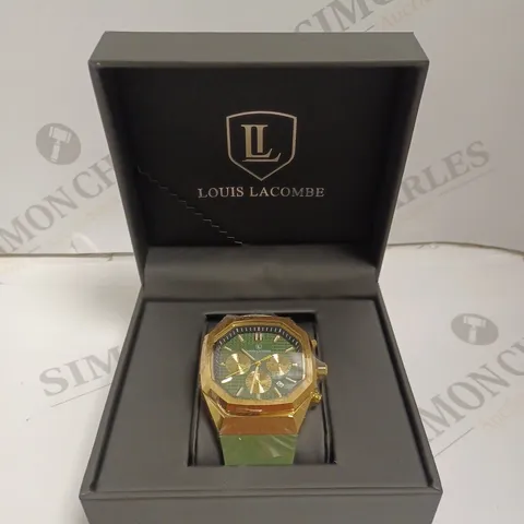 MENS LOUIS LACOMBE CHRONGRAPH WATCH β 3 SUB DIALS β GOLD COLOUR CASE β GREEN RUBBER STRAP