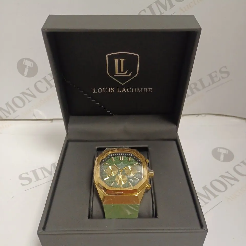 MENS LOUIS LACOMBE CHRONGRAPH WATCH – 3 SUB DIALS – GOLD COLOUR CASE – GREEN RUBBER STRAP