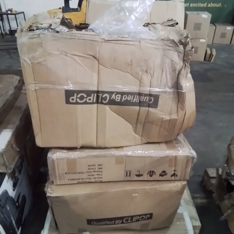 PALLET CONTAINING VARIOUS INCOMPLETE BOXED FURNITURE PARTS AND OTHER HOUSEHOLD ITEMS ETC.