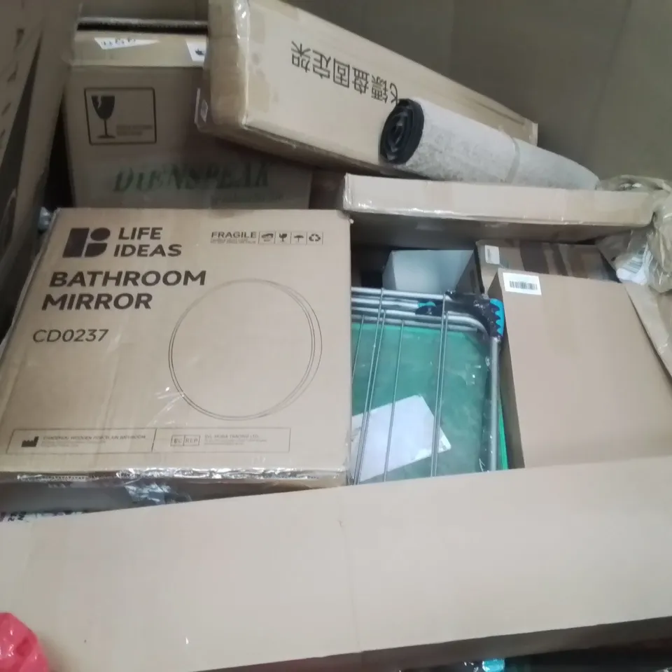 PALLET CONTAINING VARIOUS ASSORTED BOXED HOUSEHOLD ITEMS TO INCLUDE: BALANCE BIKE, CONON PRINTER, GAMING SYSTEM, CHILDREN'S SLIDE AND LOTS MORE UNMARKED BOXED ITEMS 
