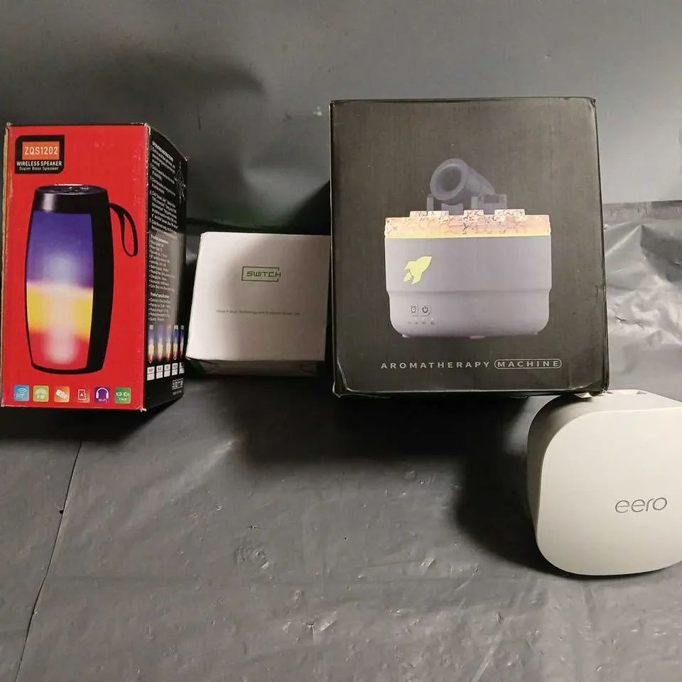 APPROXIMATELY 9 ASSORTED ITEMS TO INCLUDE - EERO , AROMATHERAPY MACHINE , SWITCH ETC