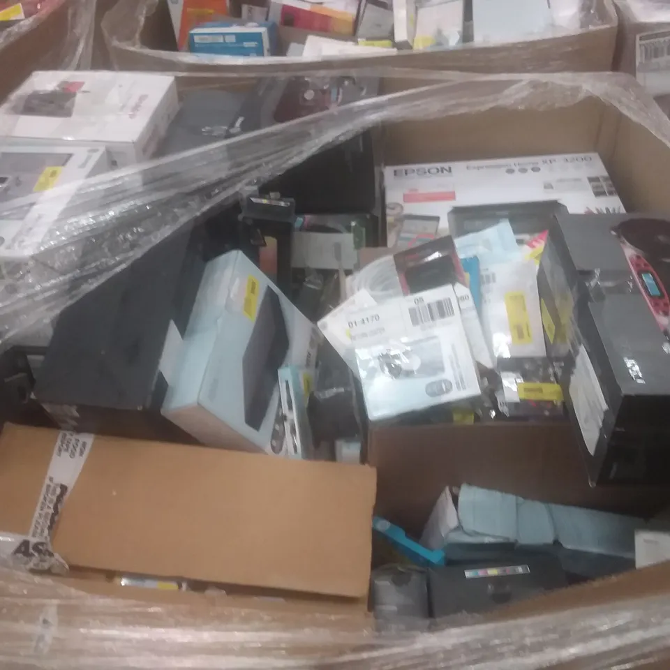 PALLET OF LARGE AMOUNT OF ASSORTED PRODUCTS TO INCLUDE PRINTERS, BOOMBOXES, AND DVD PLAYERS ETC