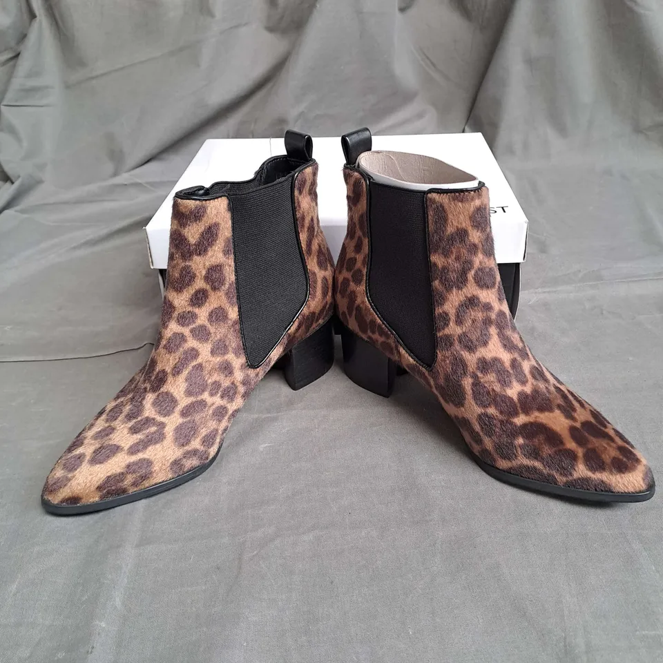 BOXED PAIR OF NINE WEST SUEDE ANKLE BOOTS IN LEOPARD SIZE EU 35
