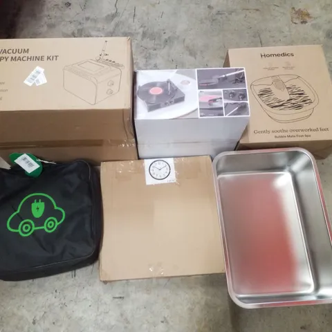 PALLET CONTAINING ASSORTED PRODUCTS INCLUDING AUDIO TURNTABLE, VACUUM THERAPY MACHINE KIT, EV CHARGER, FOOT SPA, WALL CLOCK & CAT LITTER BOX
