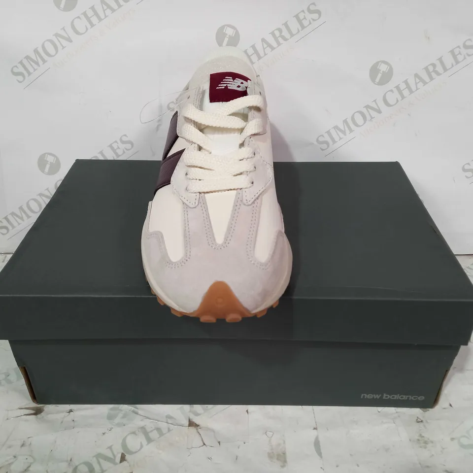 BOXED PAIR OF NEW BALANCE 327 SHOES IN CREAM/BROWN UK SIZE 6.5
