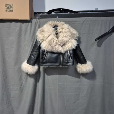 RIVER ISLAND KIDS' BLACK LEATHER-LOOK JACKET WITH CREAM FUR TRIM – 7/8 YRS