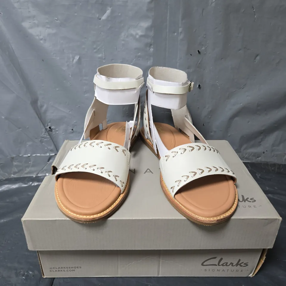 BOXED PAIR OF CLARKS MARITIME MAY SANDALS IN OF WHITE LEATHER - UK 6.5