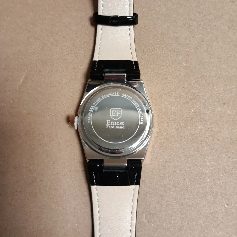 BOXED ERNEST FERDINAND EF QUARTZ WRISTWATCH – BLACK DIAL, LEATHER STRAP