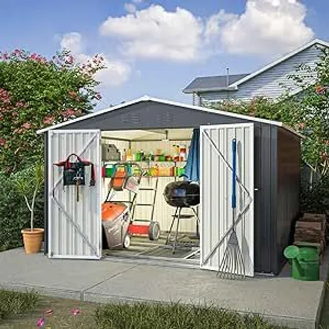 BOXED BIRCHTREE GARDEN SHED METAL APEX ROOF 10FT X 8FT OUTDOOR STORAGE WITH FREE FOUNDATION ANTHRACITE AND WHITE BT-GS-C2