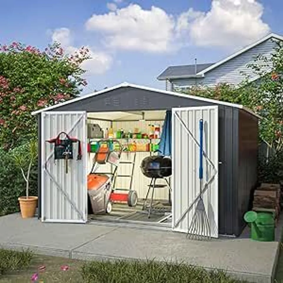 BOXED BIRCHTREE GARDEN SHED METAL APEX ROOF 10FT X 8FT OUTDOOR STORAGE WITH FREE FOUNDATION ANTHRACITE AND WHITE BT-GS-C2