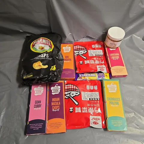 APPROXIMATELY 15 ASSORTED FOOD & DRINK ITEMS TO INCLUDE JUST BEE HONEY, SIMPLY COOK CHURRASCO PIRI PIRI RECIPE KIT, MARMITE CRISPS ETC - COLLECTION ONLY