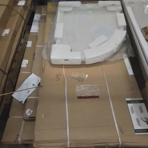 PALLET CONTAINING ASSORTED BATHROOM PRODUCTS. INCLUDES BATH PANELS, SHOWER ENCLOSURE AND SHOWER BASE ETC