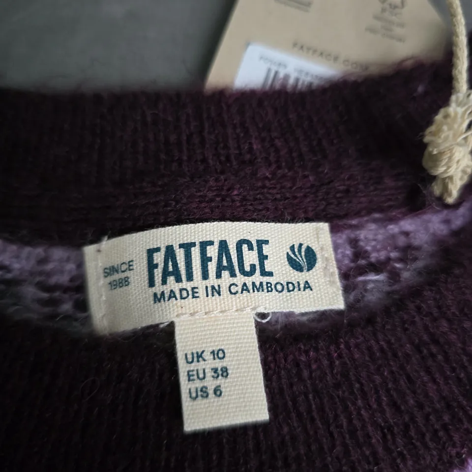 FATFACE KNIT JUMPER – PURPLE WITH LIGHT BLUE FAIRISLE YOKE, UK 10