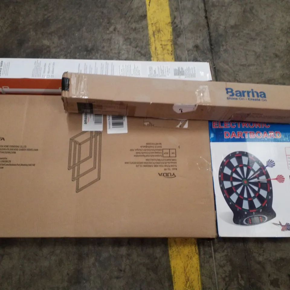 PALLET CONTAINING ASSORTED PRODUCTS INCLUDING RETRACTABLE SAFETY GATE, TOWEL RACK, ELECTRIC DARTBOARD & LED LIGHTING