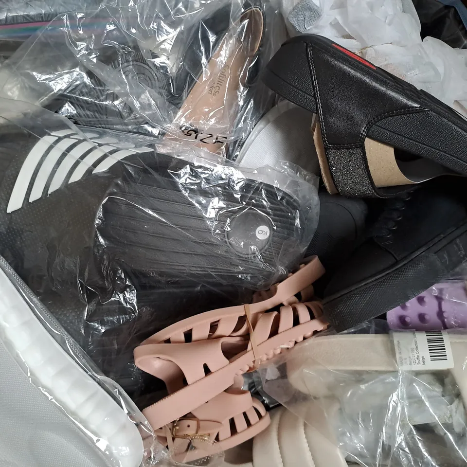BOX OF APPROXIMATELY 10 ASSORTED PAIRS OF SHOES AND FOOTWEAR ITEMS IN VARIOUS STYLES AND SIZES TO INCLUDE XY LONDON, LIPSY, ELLESSE, ETC