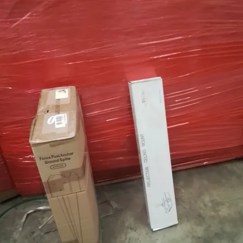 PALLET OF ASSORTED HOUSEHOLD GOODS AND PRODUCTS TO INCLUDE;FENCE POST ANCHOR,PROJECTOR CEILING MOUNT