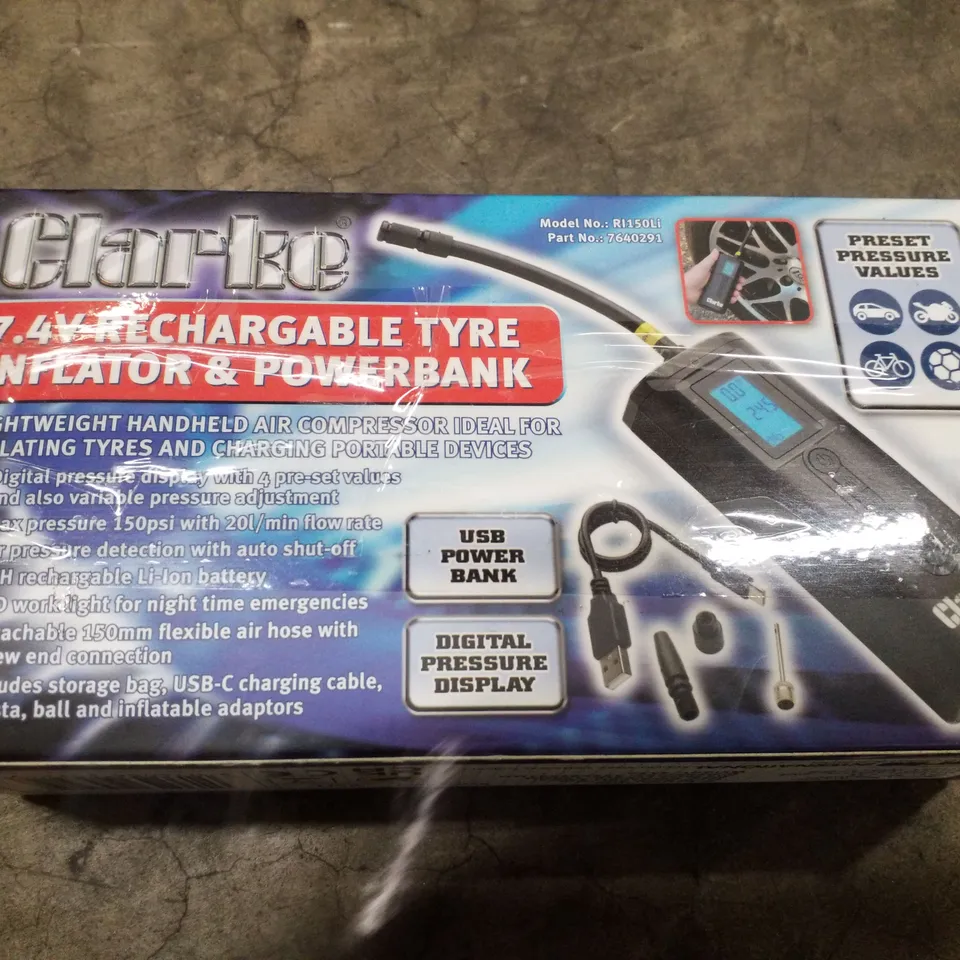 BOXED CLARKE RI150LI 7.4V RECHARGEABLE TYRE INFLATOR & POWERBANK