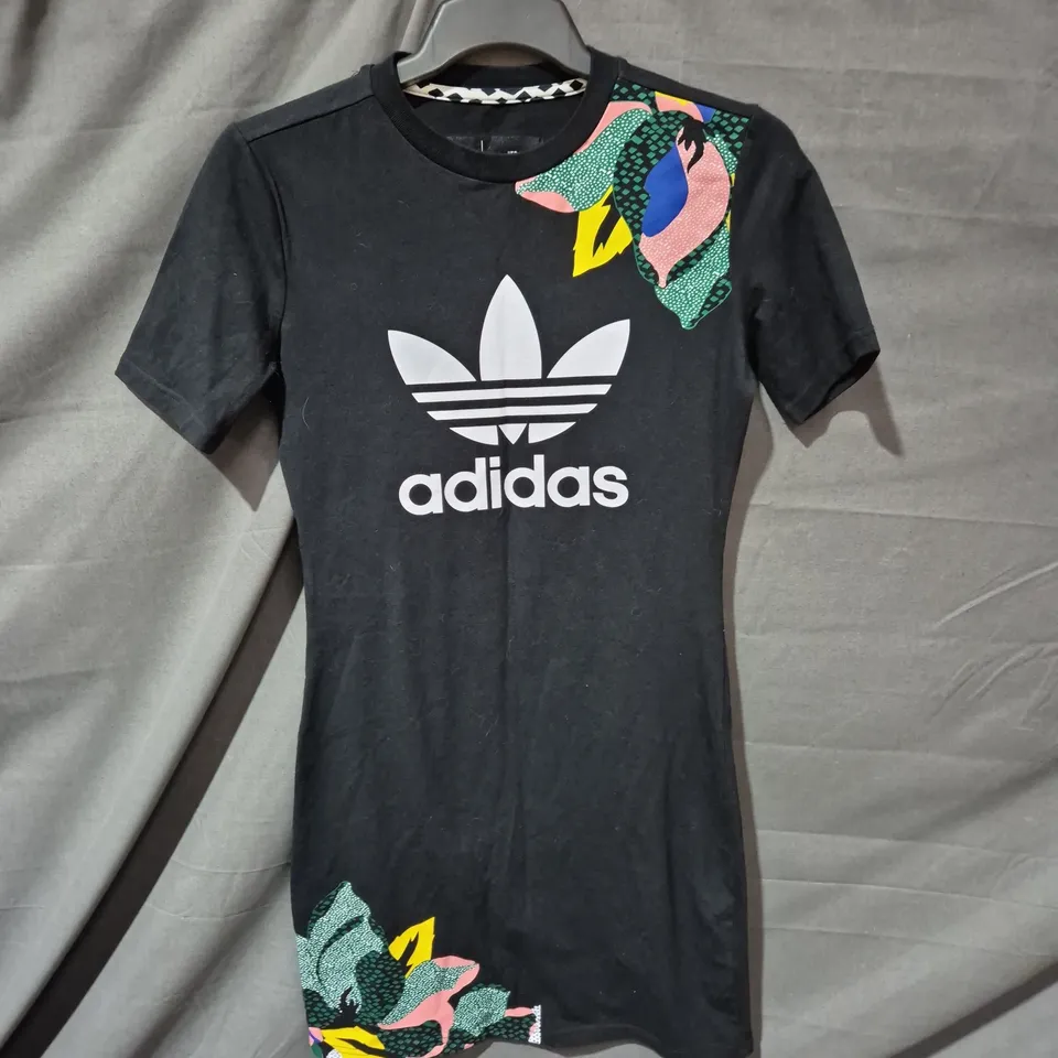 ADIDAS X HER STUDIO LONDON BLACK T-SHIRT DRESS WITH FLORAL PRINT DETAILS - SIZE 14
