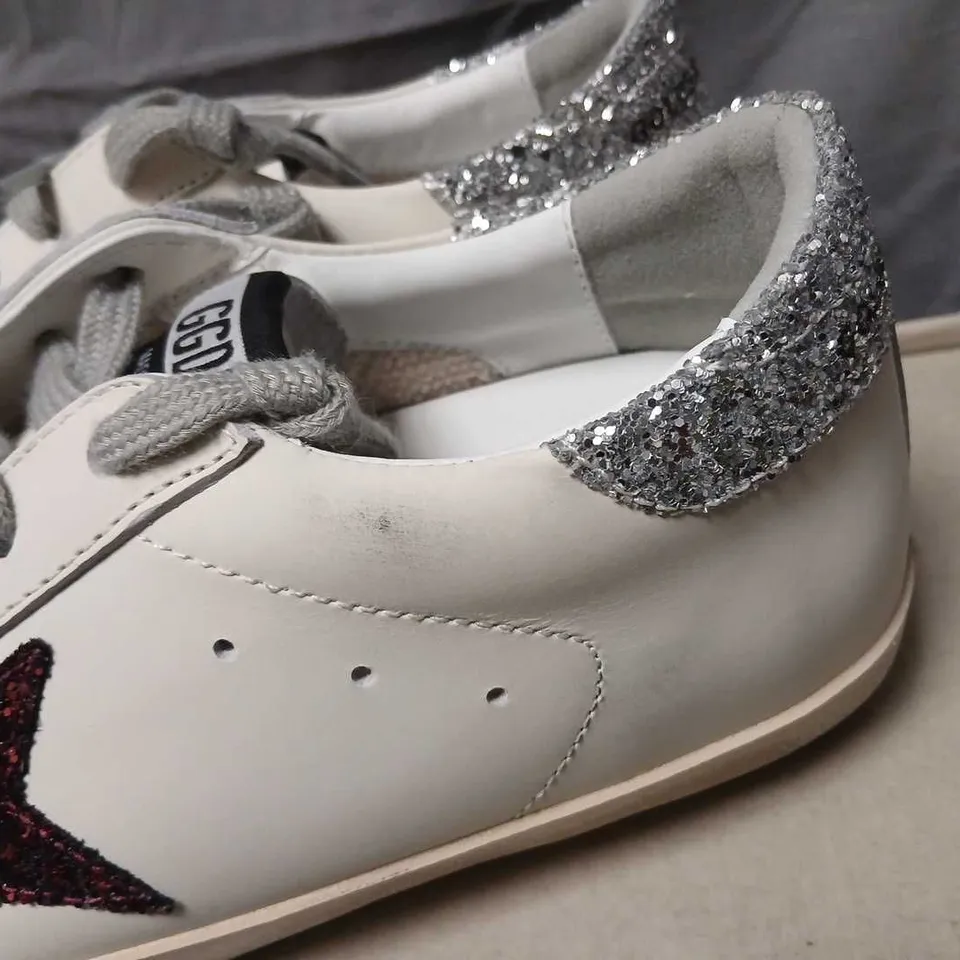 GOLDEN GOOSE SUPERSTAR CLASSIC WITH SPUR – WHITE LEATHER, GLITTER HEEL (EU39) UK 6 