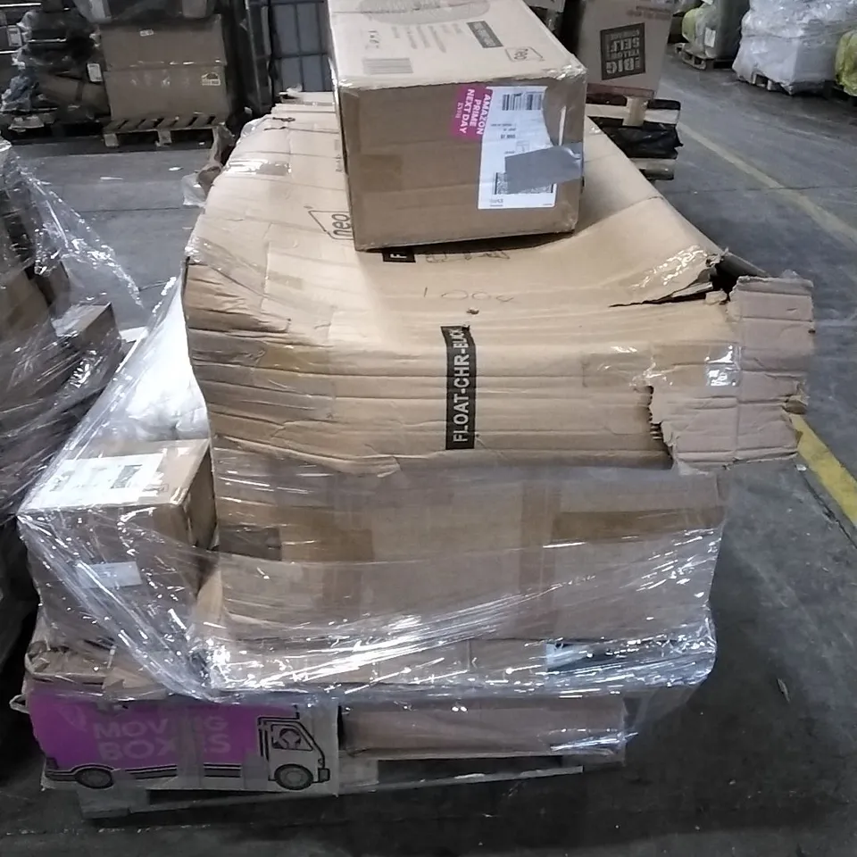 PALLET OF HOUSEHOLD ITEMS TO INCLUDE CHAIR, TREE STAND, TREE SKIRT, ACRYLIC DONKEY AND OTHER ASSORTED ITEMS...