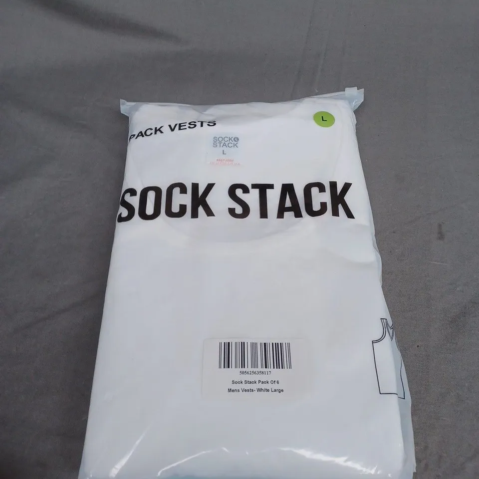 SOCK STACK - PACK OF 6 MENS VESTS IN WHITE - SIZE L