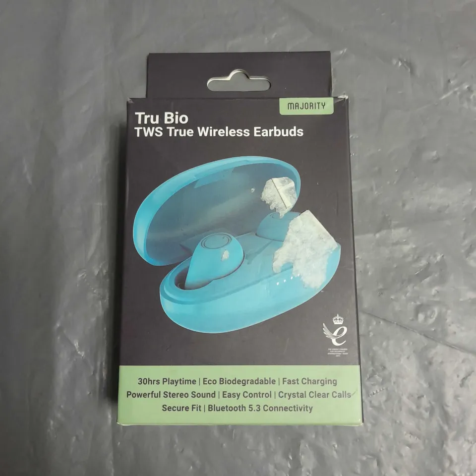 BOXED MAJORITY TRU BIO TRUE WIRELESS EARBUDS IN BLUE