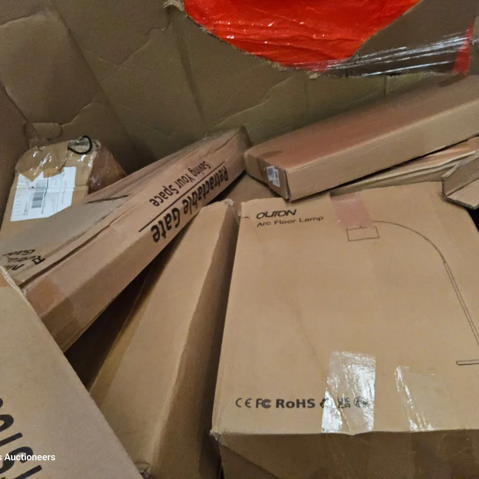 PALLET OF ASSORTED ITEMS, INCLUDING, TRICK SCOOTER, ARC FLOOR LAMP, RETRACTABLE SAFETY GATE, TOILET SEAT.