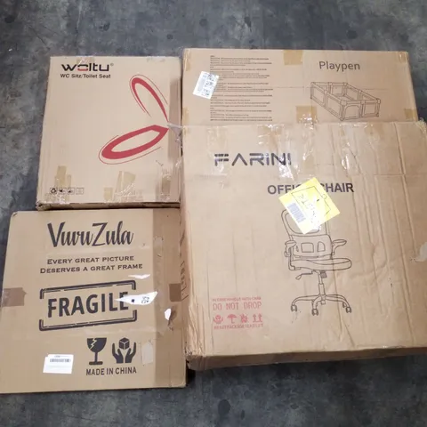 PALLET OF ASSORTED PRODUCTS INCLUDING TOILET SEAT, OFFICE CHAIR, PLAYPEN, SQUARE PICTURE FRAME