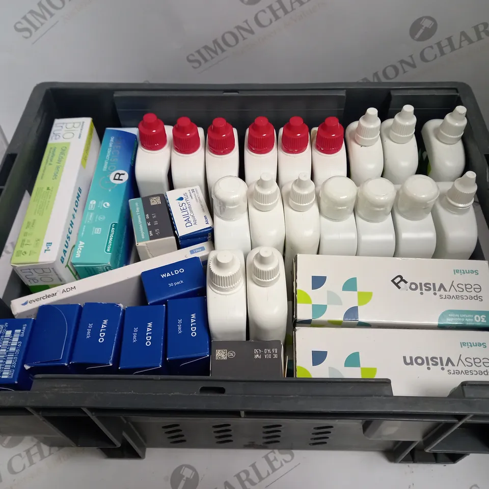 BOXED LOT TO CONTAIN APPROX. 40 X ASSORTED VISION CARE PRODUCTS. INCLUDES PACKS OF CONTACT LENSES & CONTACT LENSE CLEANING SOLUTION. BRANDS VARY