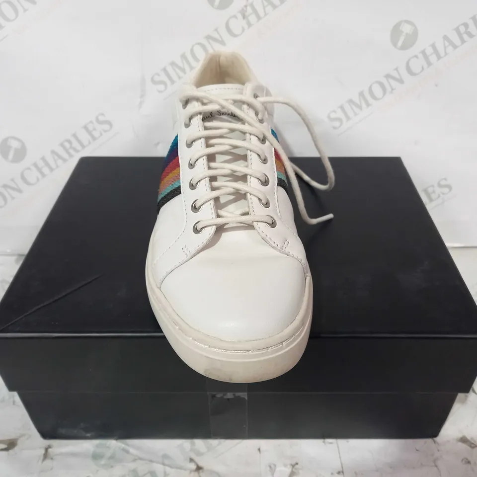BOXED PAIR OF PAUL SMITH SNEAKERS IN WHITE W. RAINBOW DETAIL EU SIZE 37